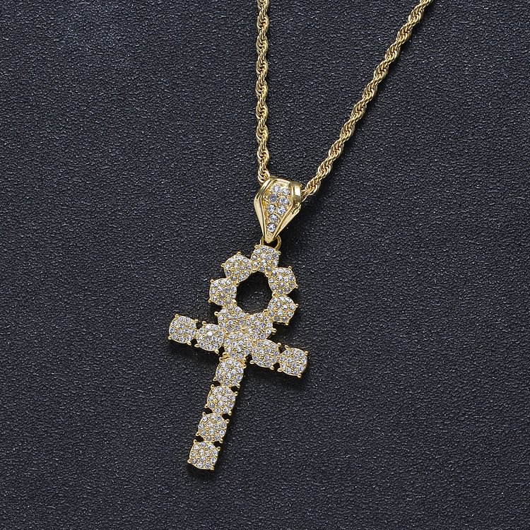 Hip Hop Cubic Zircon Ankh Cross Pendant Iced Out Necklace