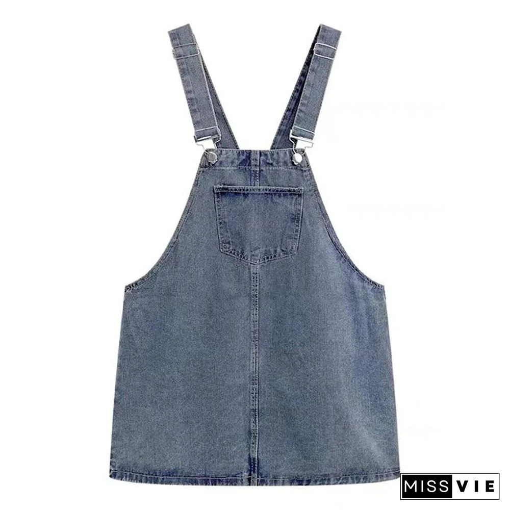 Pure Color A-line Denim Overalls Dress