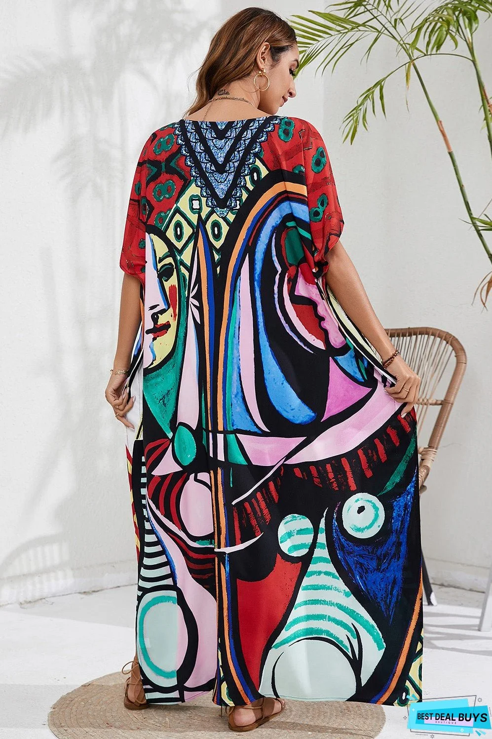 Slit Printed V-Neck Short Sleeve Cover Up