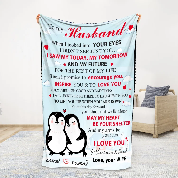 To My Husband Couple Penguin Blanket Custom Name Valentines Gift