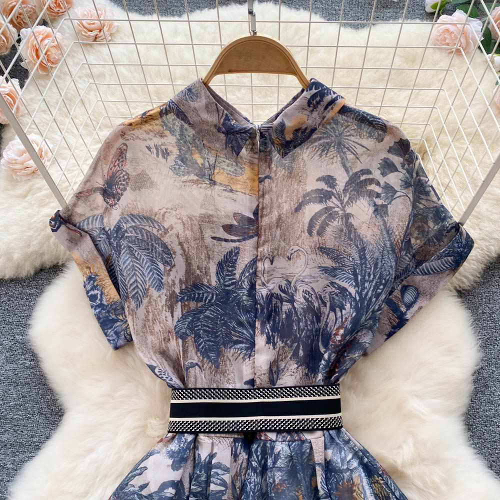 Women Vintage Party Dress Summer French Elegant Print Dress Ladies High Waist Retro Single Breasted Belt Casual Long Dress