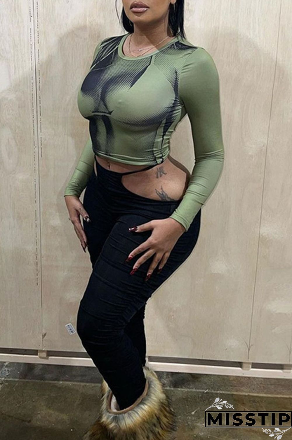 Green Sexy Print Patchwork O Neck Tops