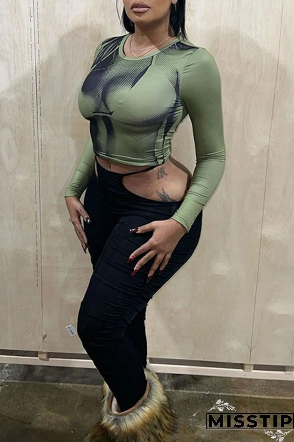 Green Sexy Print Patchwork O Neck Tops