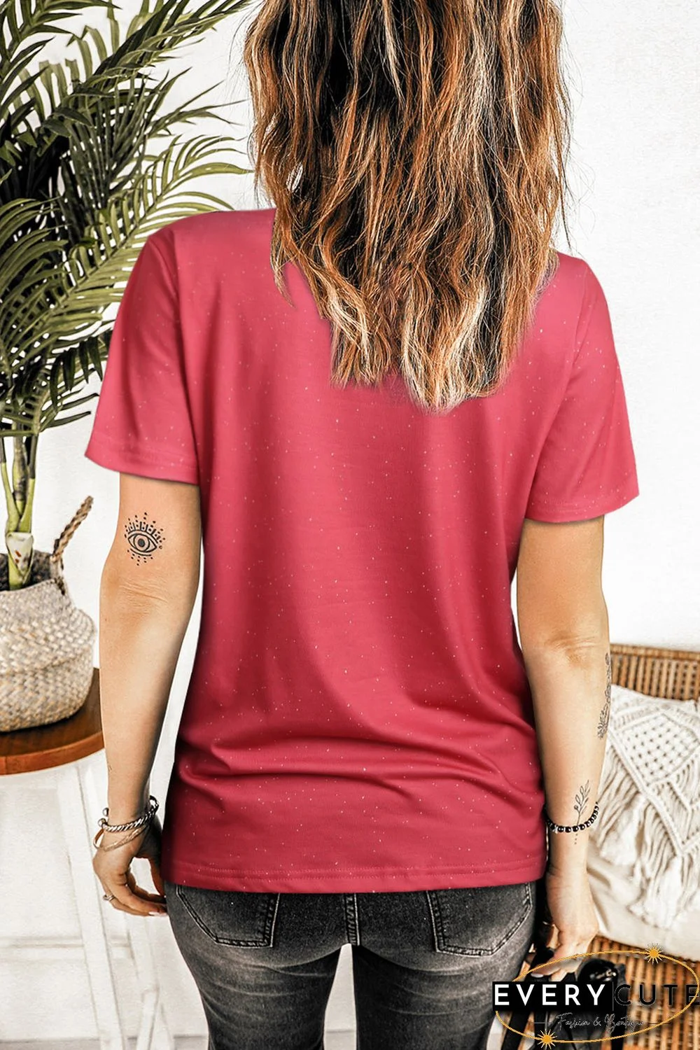 Red Auntie Bunny Plaid Graphic Print Short Sleeve Tee