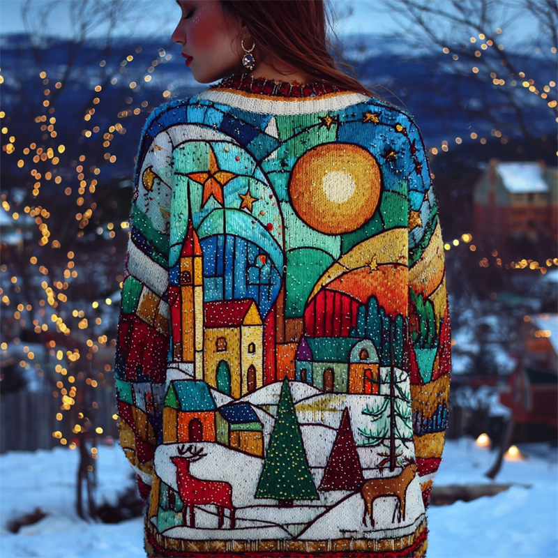 Christmas Landscape Geometric Colorblock Cozy Knit Cardigan elevenforest