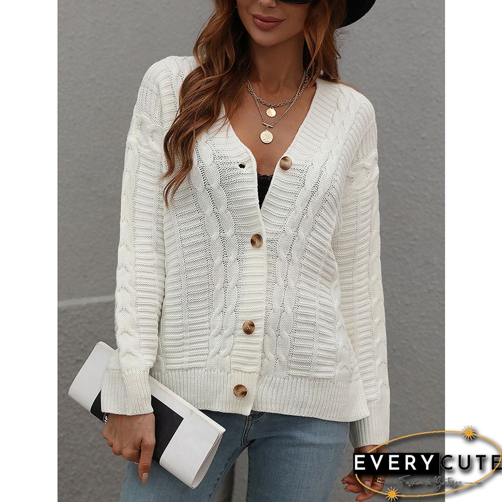 White Button Loose Cable Knitted Cardigan