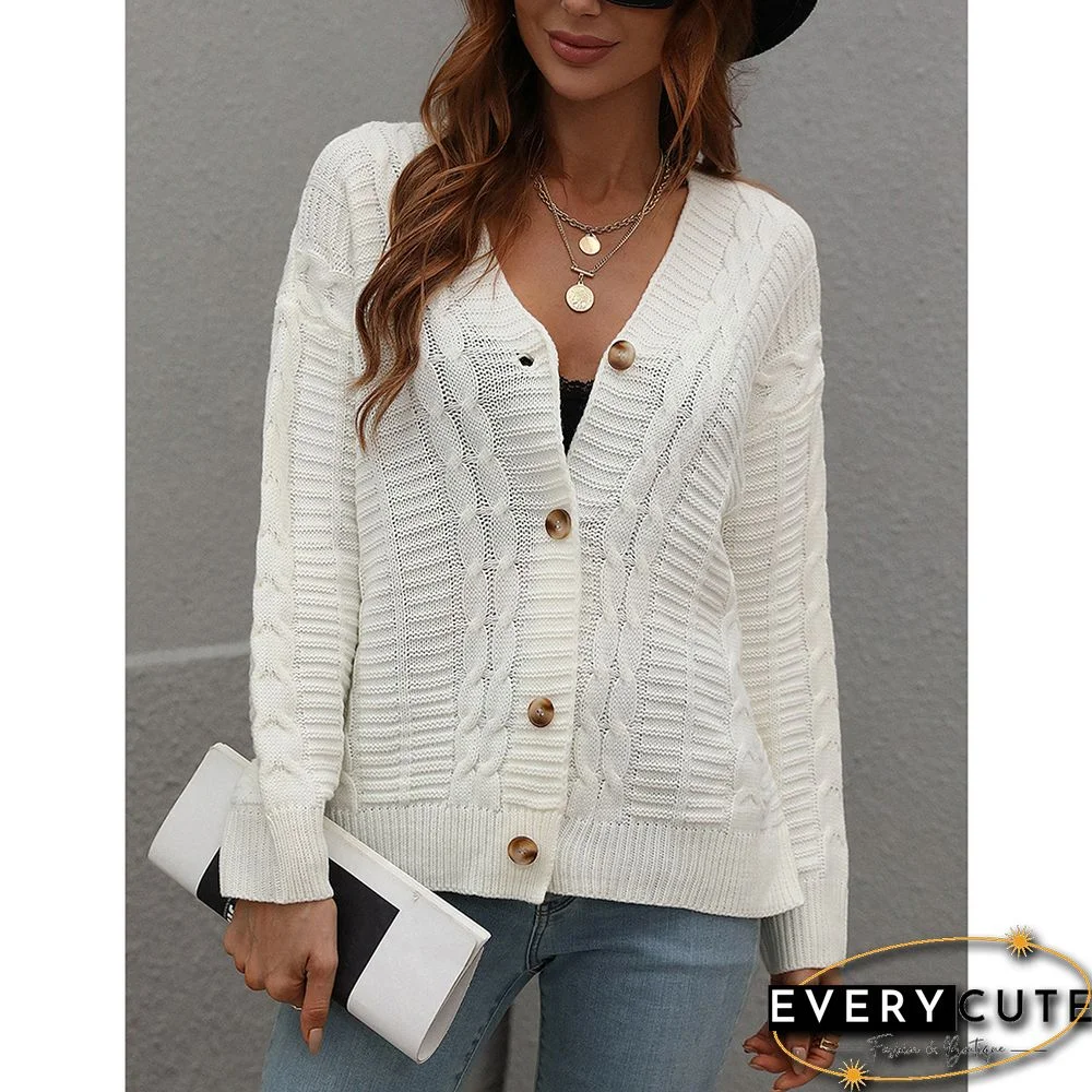 White Button Loose Cable Knitted Cardigan