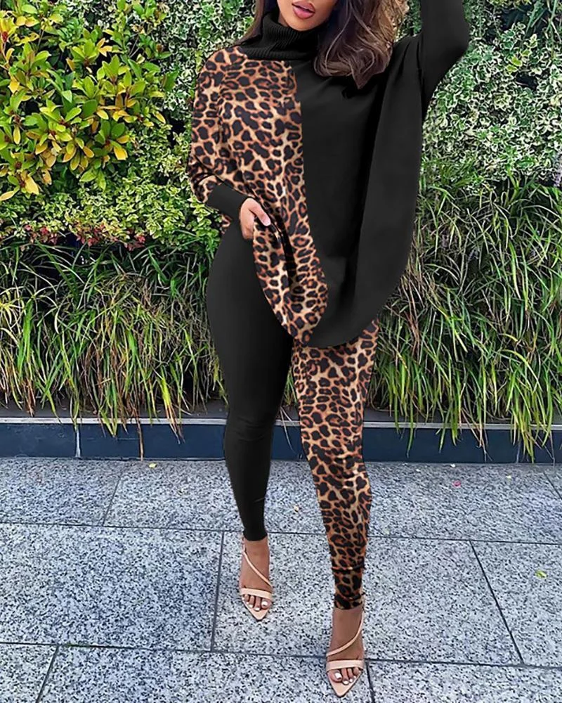 Leopard Print Batwing Sleeve Top & Skinny Pants Set P13124