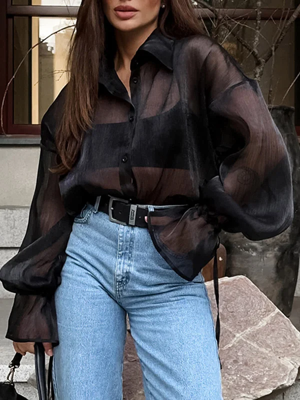 Solid Color See-Through Buttoned Puff Sleeves Loose Lapel Blouses&Shirts Tops