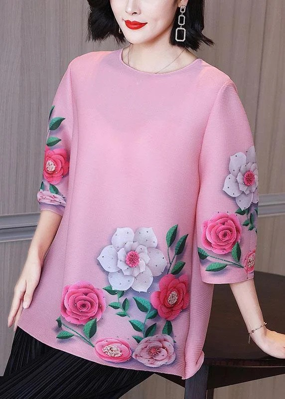 Elegant Pink Floral Short Sleeve Blouse Tops