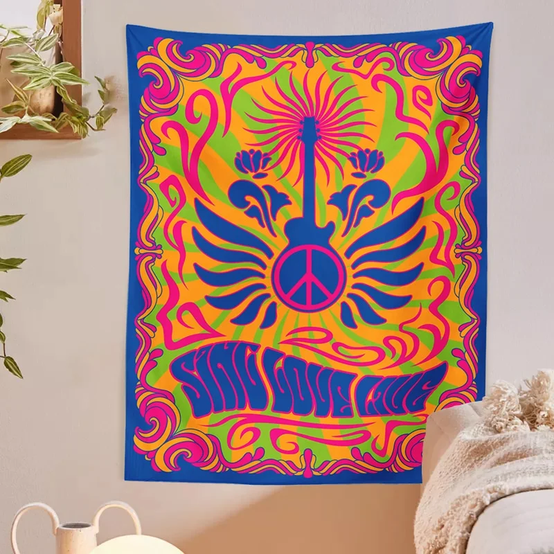 Vintage music poster Tapestry Wall Hanging stylized 60s 70s psychedelic background peace symbol eye floral Home Decor Wall Decor