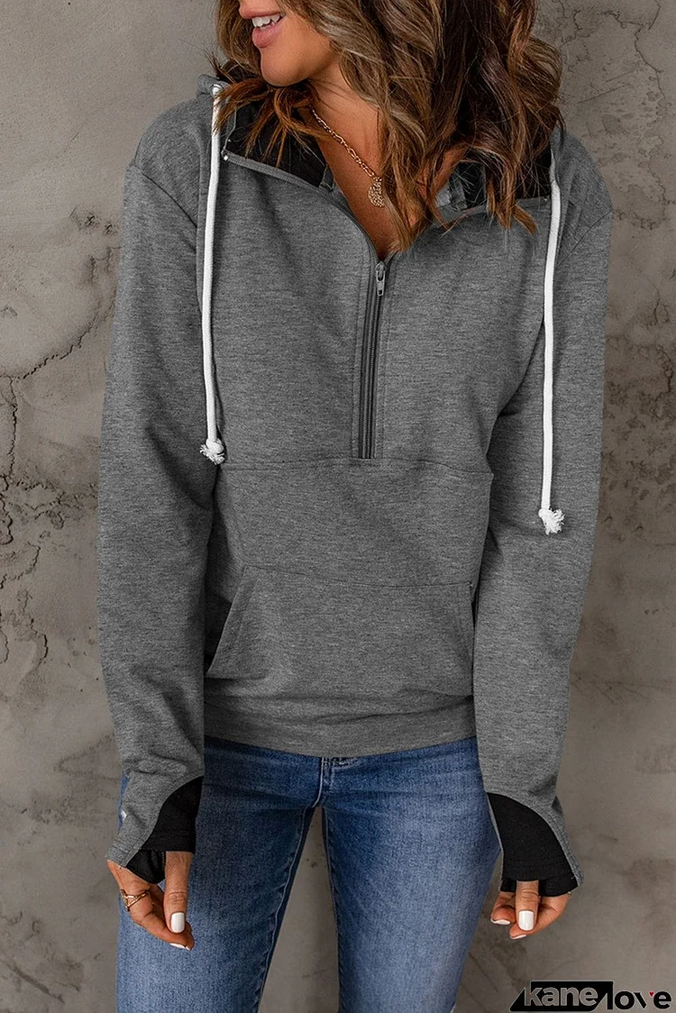 Half Zip Pocketed Thumbhole Sleeve Hoodie