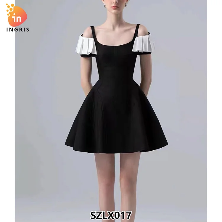 Vietnamese Design Off-Shoulder Dress Black White Breathable Fabric Patchwork Solid Pattern Sweet Sexy Style Floor-Length-SZLX017