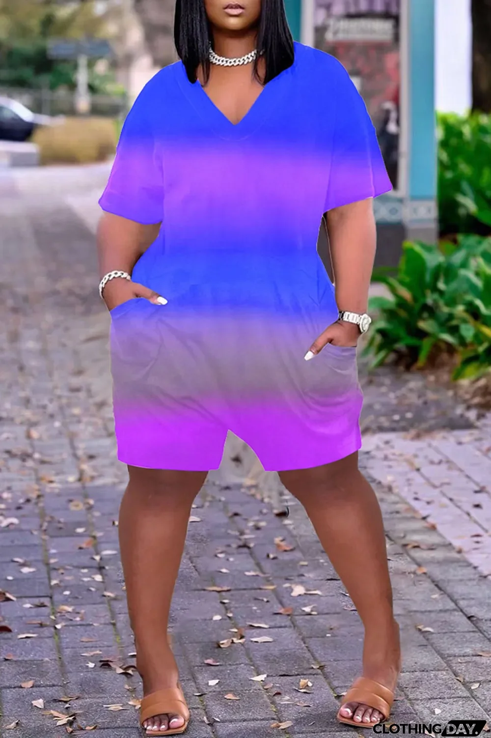 Pink Casual Gradual Change Print Tie-dye O Neck Loose Jumpsuits