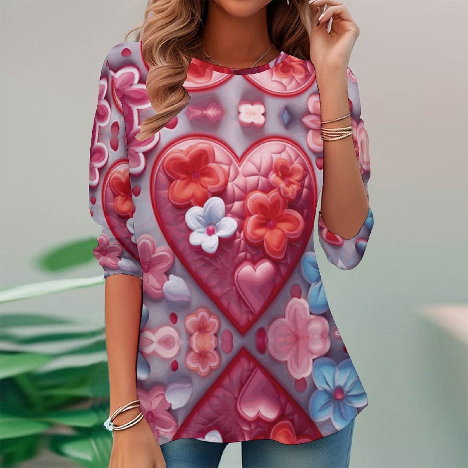 Women Long Sleeve V-neck Graphic Floral Printed Top