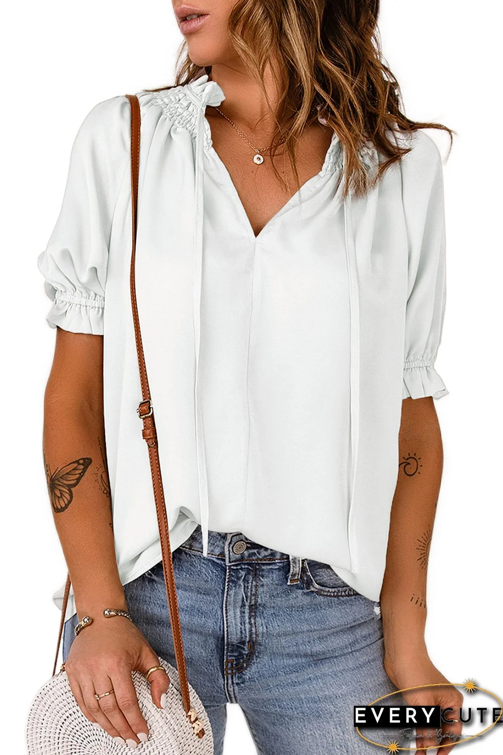 White Split Frill Neck Puff Sleeve Blouse