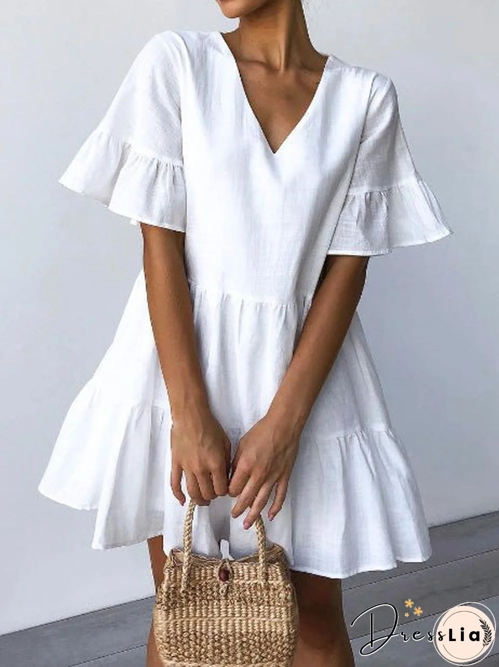 Women'S Dresses V-Neck Short Sleeve Ruffle Dress