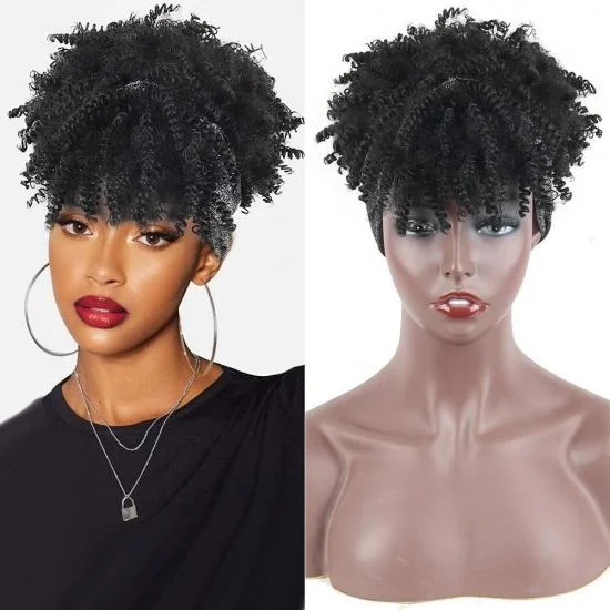YVONNE Kinky Curly Synthetic Turban Ponytail With Bangs Short Curly Headband Wigs 