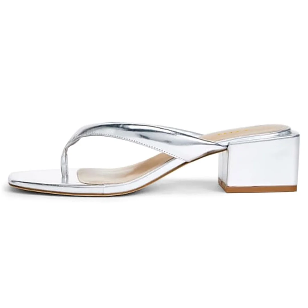 Silver Metallic Finish Open Toe Block Heel Flip Flops for Women