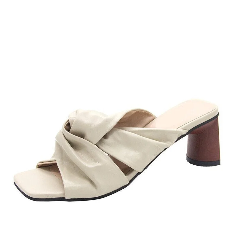 Women Slippers High Heels Chain PU Square Toe Fashion Woman Pumps Summer Sandals Outdoor Comfort Ladies Footwear New 2021