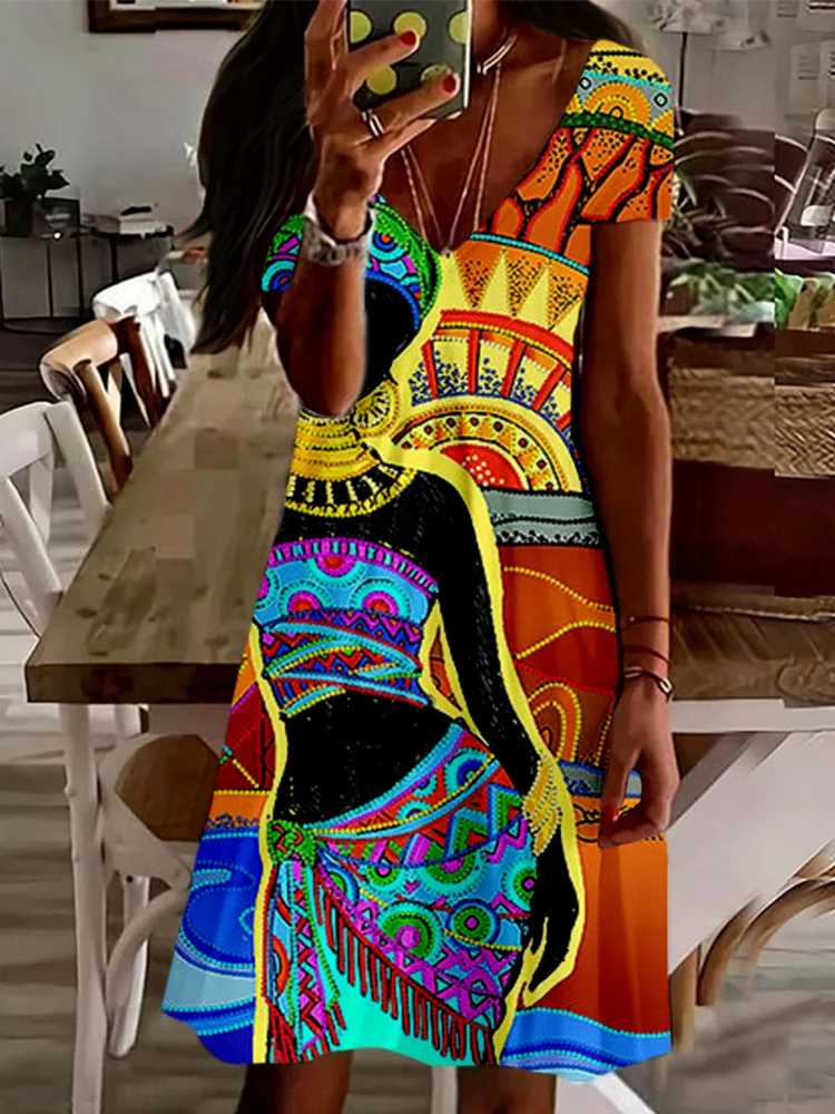 African Woman Painting Art V Neck Midi Dress