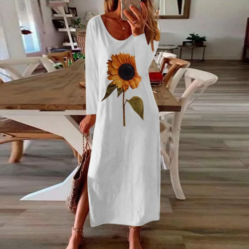 Sunflower 3D Print Split Summer Autumn Dress Women Elegant 2020 White Long Sleeve Plus Size Maxi Dresses for Women Vestidos