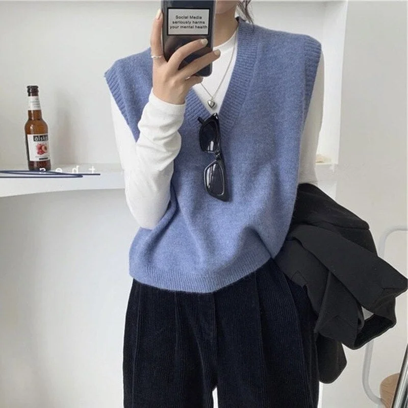 V-neck Knitted Sweater Vest Women 2021 Autumn Loose Preppy Style Pullover Women Sleeveless Vest Sweater Winter Clothing 15994