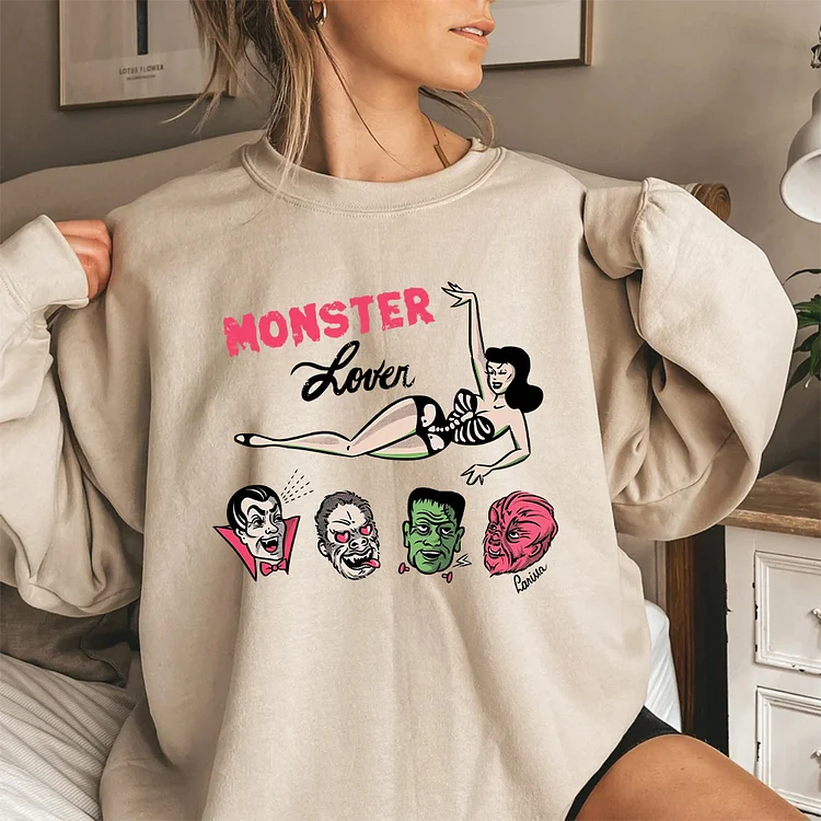 Monster Lover Fitted Graphic Sweatshirt, Vintage Skeleton V-neck, Sweatshirt, Hoodie