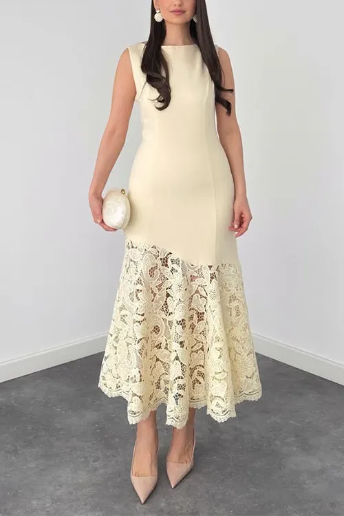 Boat Neck Sleeveless Lace Splice Midi Dress
