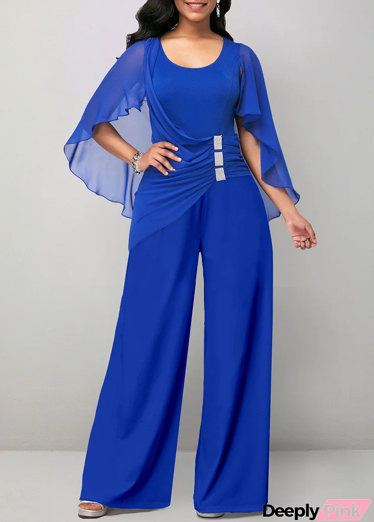 Royal Blue Asymmetry Long Short Sleeve Jumpsuit