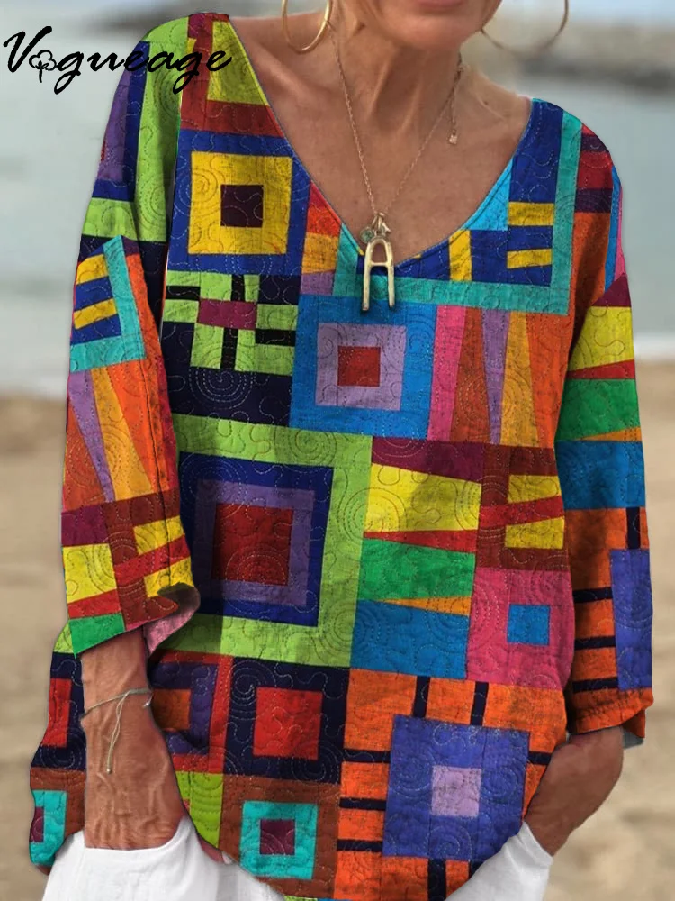 Casual Stitching Colorful Blocks 3/4 Sleeves Printed Cotton And Linen Shirt