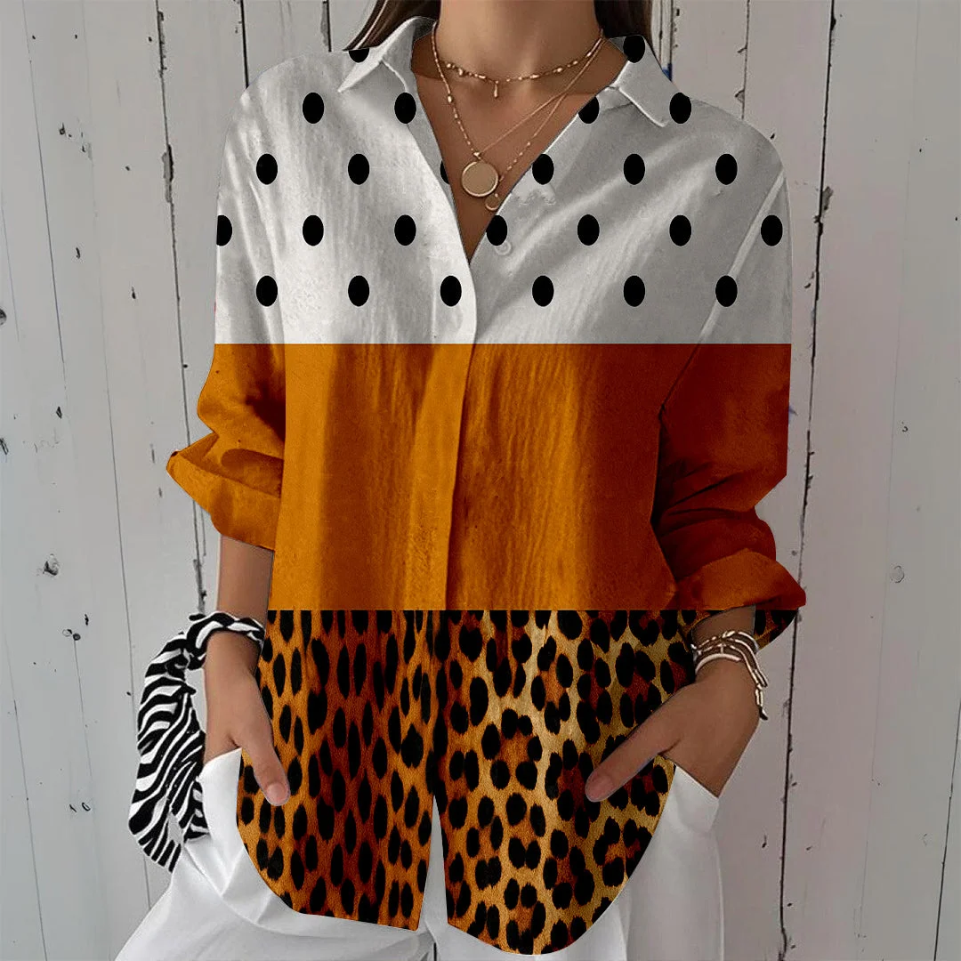 Style & Comfort for Mature Women Women Striped, Polka Dot, Leopard, Yellow DZCL0338 3/4 Sleeve Shirt Collar Printed Button Tops