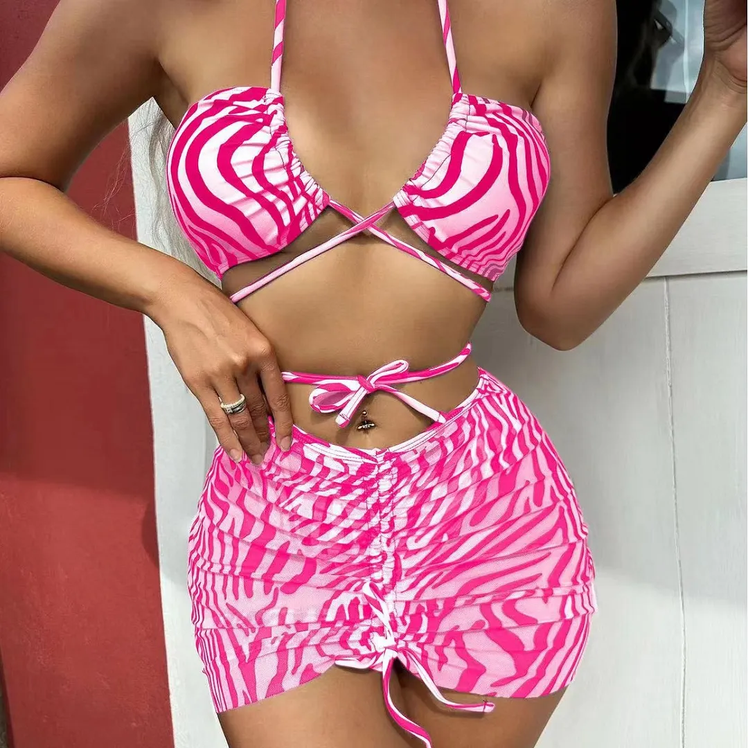 Brownm 2023 New Striped Print Drawstring With Three-Piece Swimsuit Bikini Swimsuit