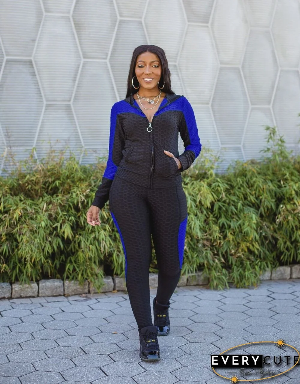 Women Colorblock Zipper Hooded Coat Top Pants Sweat Suits