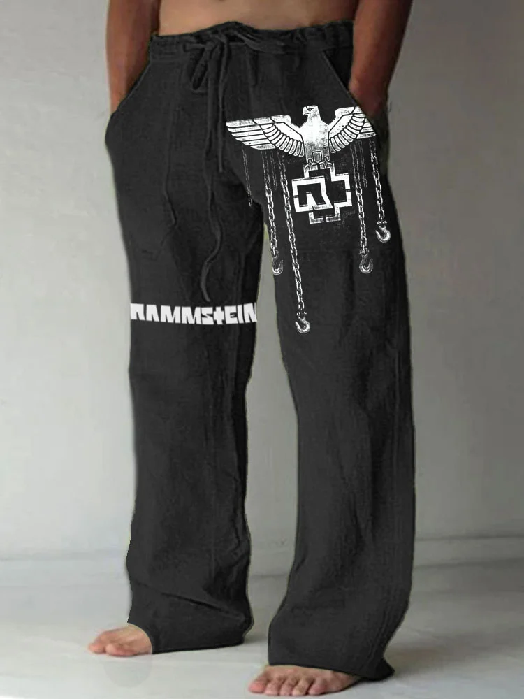 Men's Retro Heavy Metal Band Printed Cotton And Linen Pants