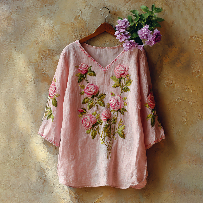 Comstylish Retro Rose Embroidery Pattern Linen Blend Three-quarter Sleeve Tops
