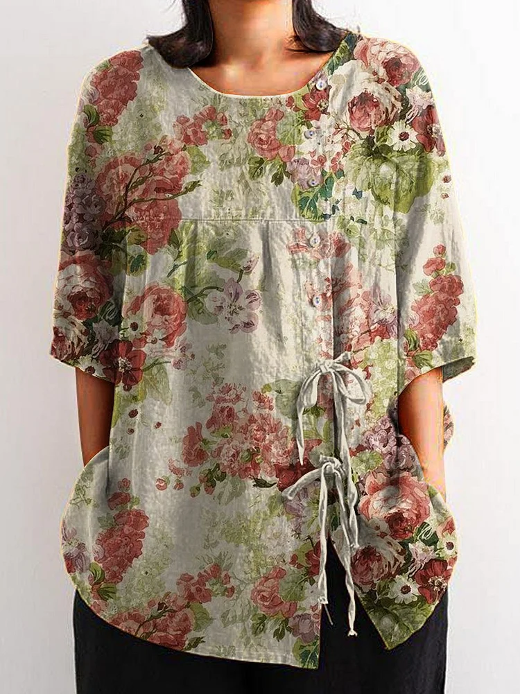 Women's Vintage Floral Art Print Casual Cotton And Linen Shirt
