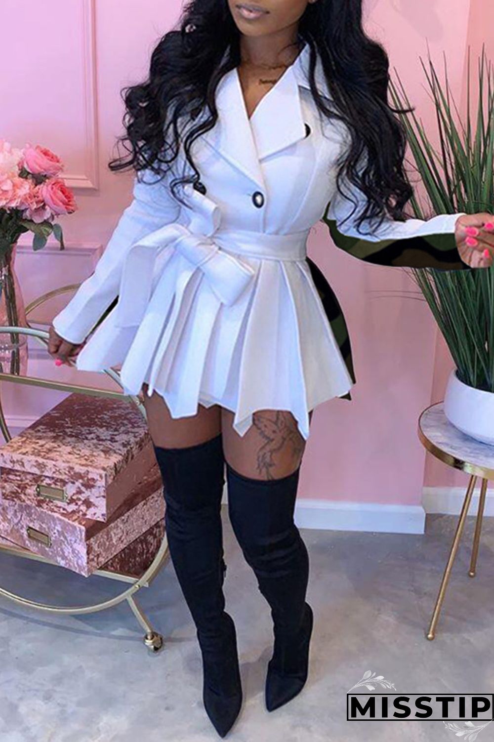 White Fashion Casual Print Patchwork Turndown Collar Long Sleeve Dresses