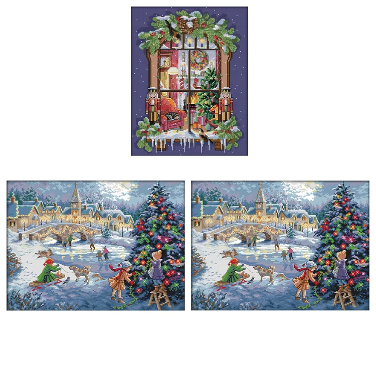 3pcs/Set Window - 14CT Joy Sunday Stamped Cross Stitch Christmas (44*35cm)