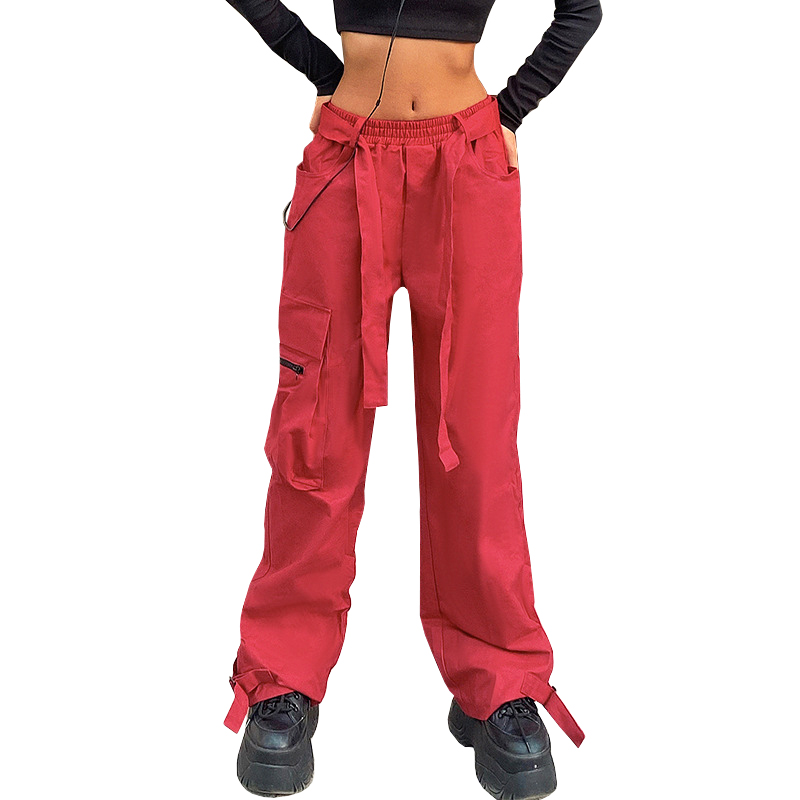 WIDE BELTED RED CARGO PANTS