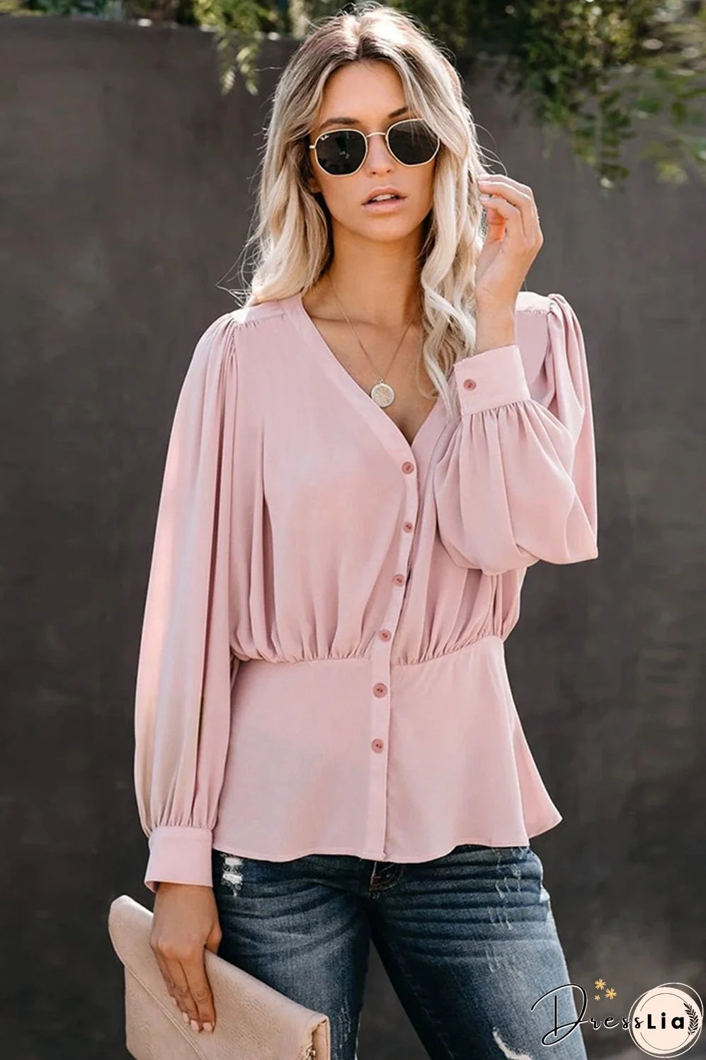 Buttoned Puff Sleeve Blouse