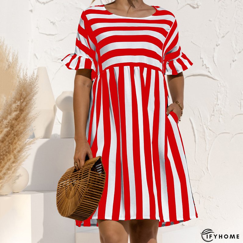 Women's Striped Print Party Ruffle Sleeves High Waist Elegant Casual Beach Dress | IFYHOME