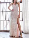 Spaghetti-Neck Shiny V-Neck Empire H-Line Split-Side  Evening Maxi Dress