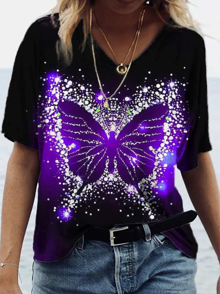 Glitter Butterfly Art V Neck Comfy T Shirt