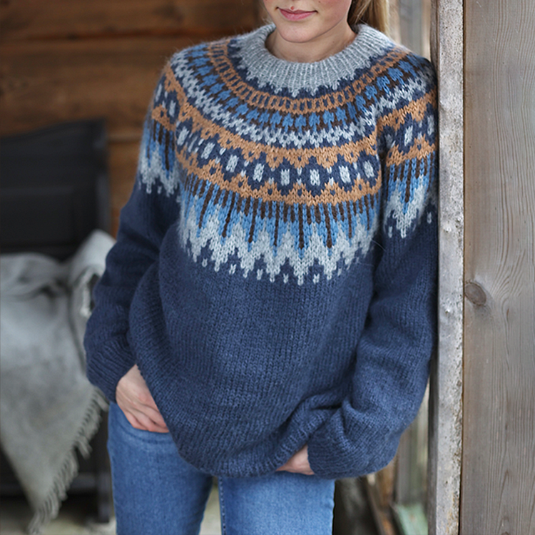 Vefave Vintage Fairman Island Contrast Panel Jacquard Sweater