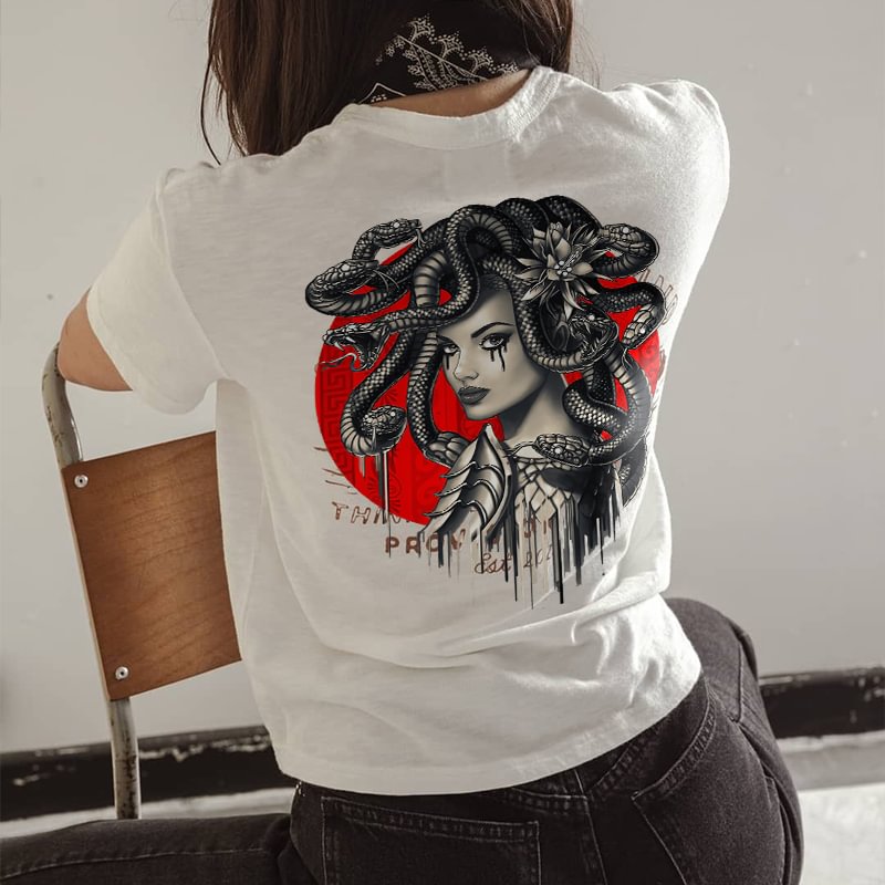 Vintage Medusa Printed White Loose Women T-shirt - Krazyskull