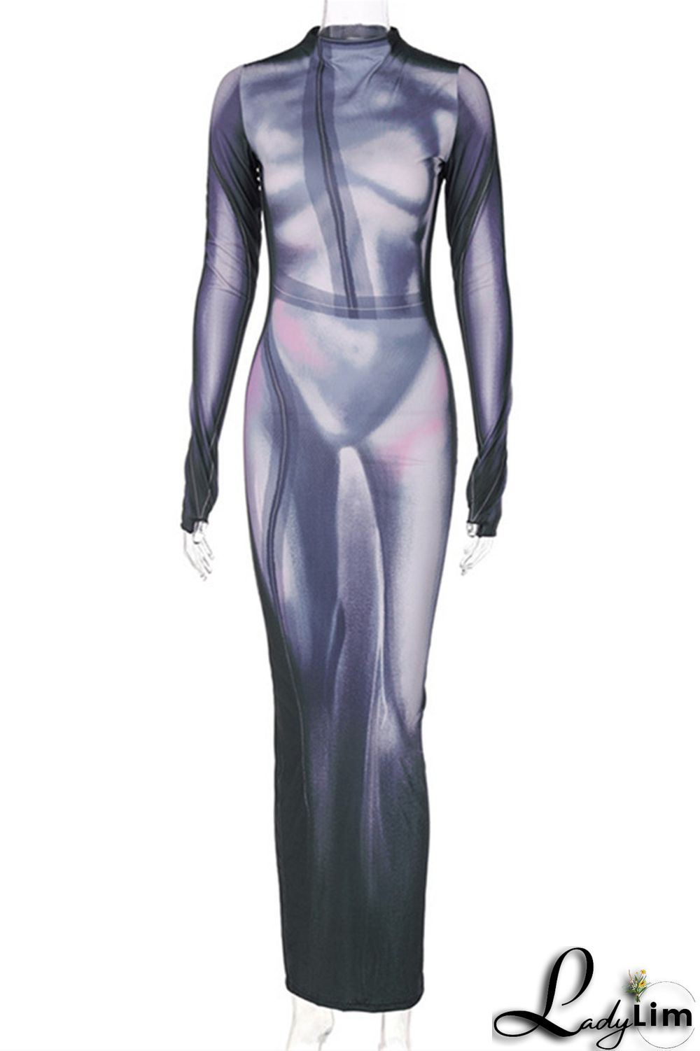 Black Fashion Casual Print Slit O Neck Long Sleeve Dresses