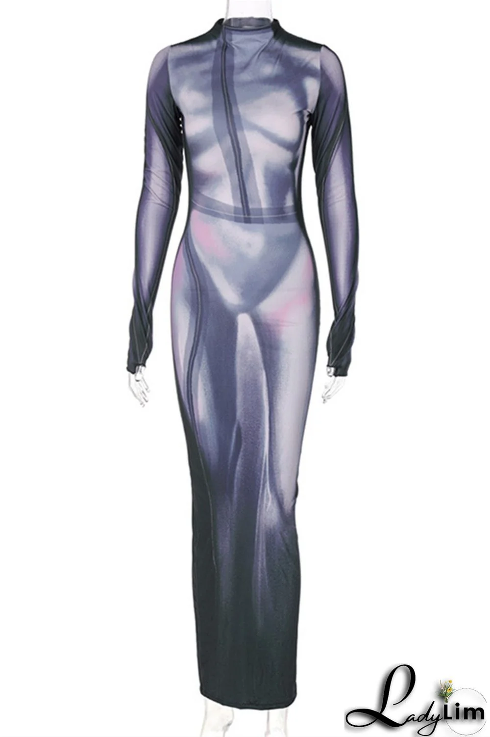 Black Fashion Casual Print Slit O Neck Long Sleeve Dresses