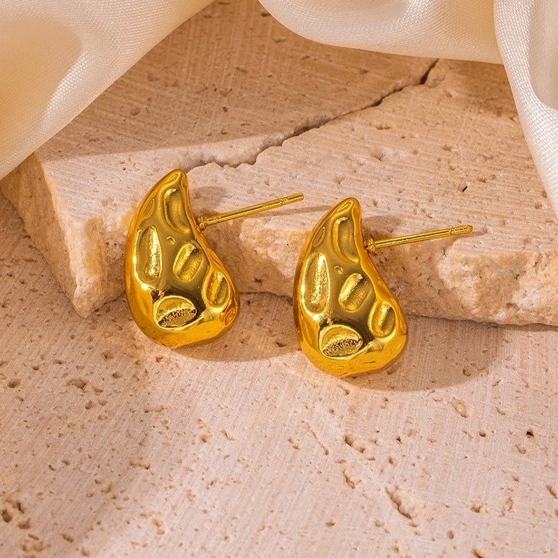 1 Pair Minimalist Shiny Water Droplets Polishing Pleated 316L Stainless Steel  18K Gold Plated Ear Studs