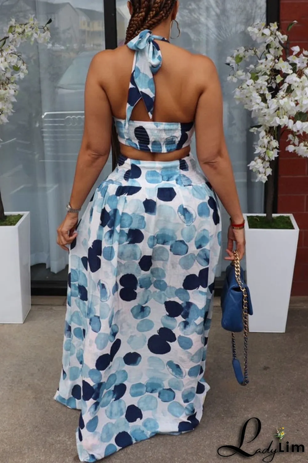 Black Sexy Vacation Print Split Joint Slit Halter Sleeveless Two Pieces